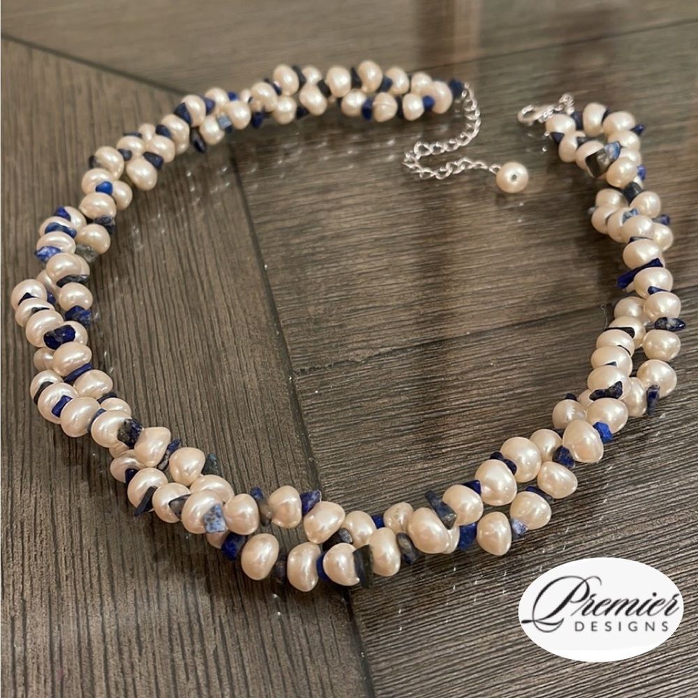 Premier Designs  LAGUNA 2-Strand Necklace w/ Faux Pearls & Lapis Chips